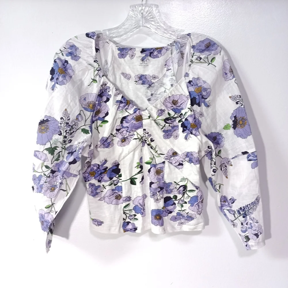 Anthropologie V-Neck Ruched Knit Top in Purple Floral Size XS - Picture 2 of 7